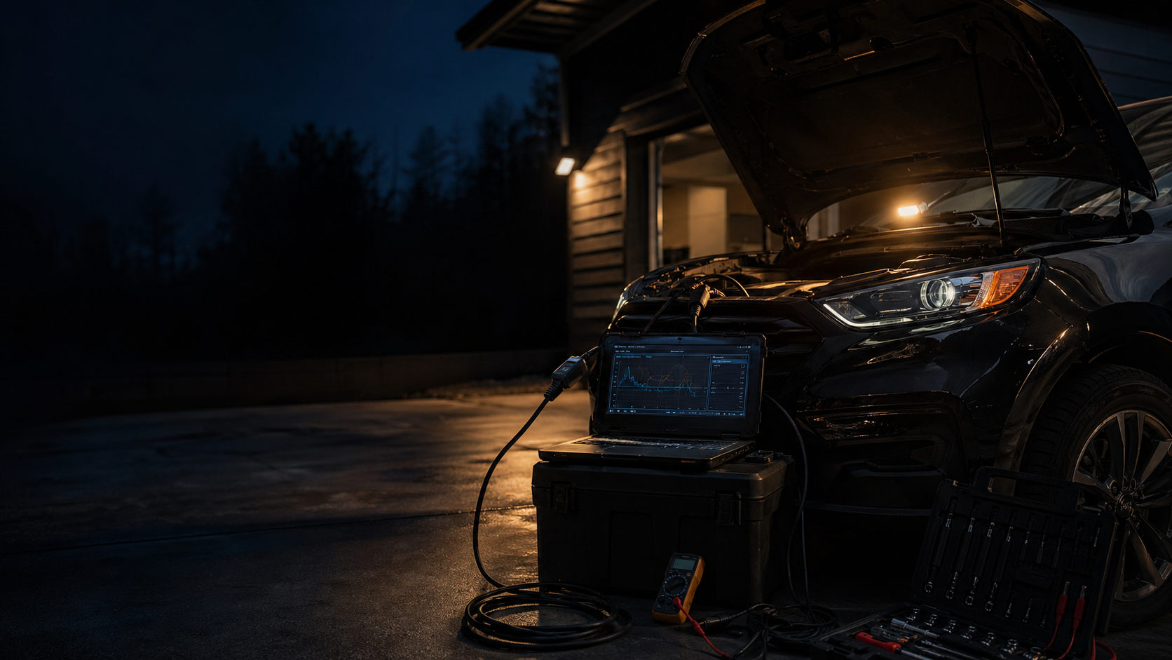 Mobile auto diagnostic setup beside a vehicle at night
